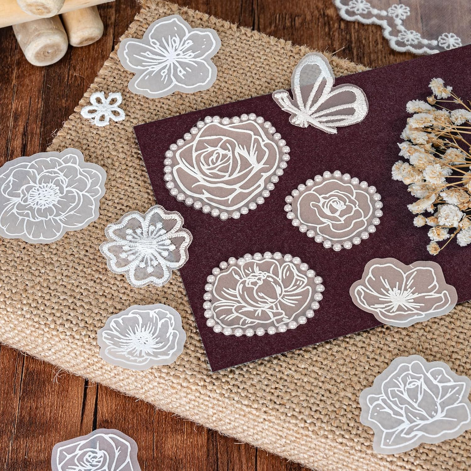 Vintage White Flower Decorative Paper Scrapbooking Paper Pack Aesthetic Paper with Lace Ribbon Embroidered Applique of Butterfly Flower Leaf for Junk Journal Diary Planner Art Supplies Kit (Purity) image number 3