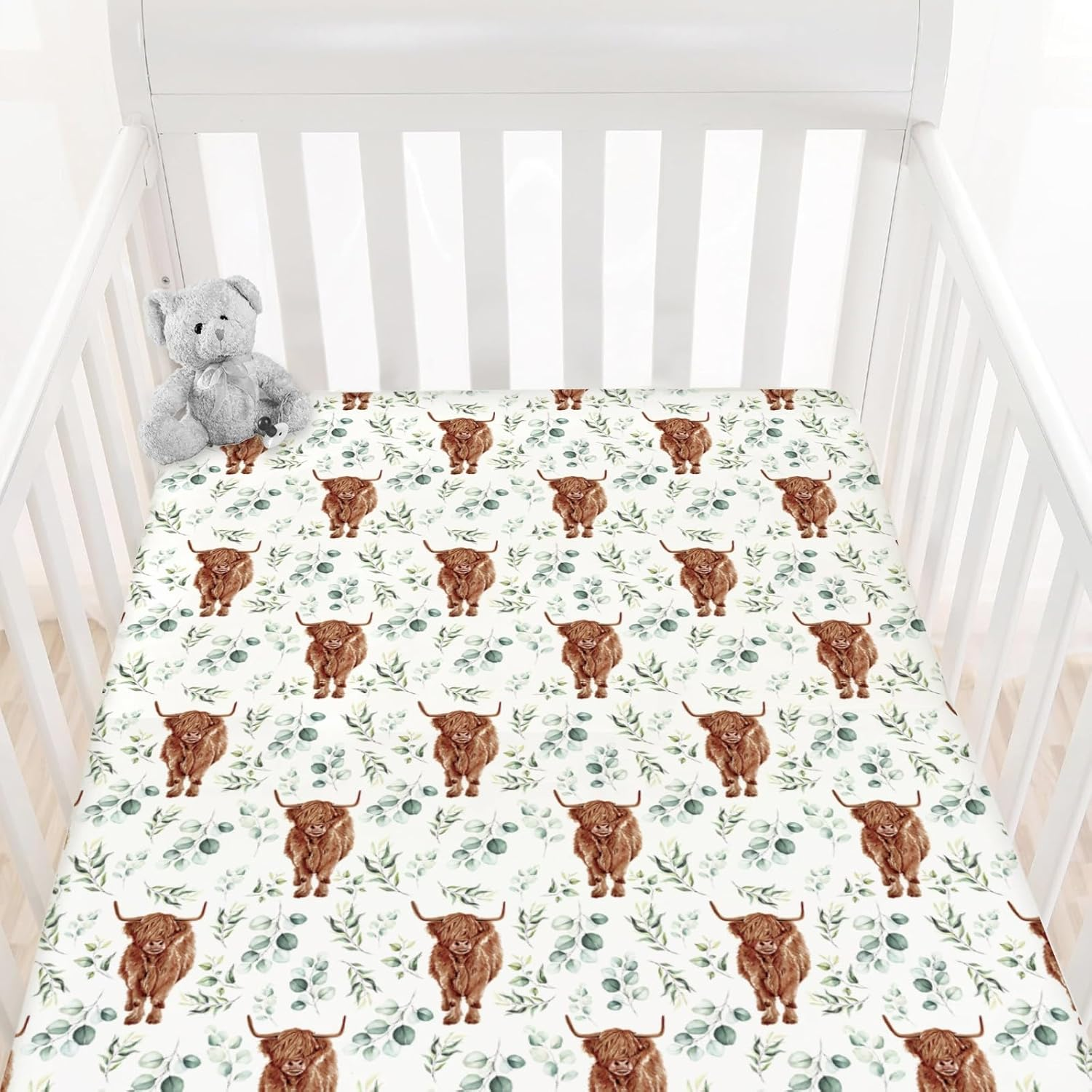 Hawskgfub Highland Cow Eucalyptus Leaf Fitted Standard Crib Sheet for Baby Boy Girl, Neutral Western Farm Animal Yak Toddler Mattress Cover, Soft Stretchy Nursery Bed Sheets Decor Kids Gift 52" X 28" - Duck image number 7