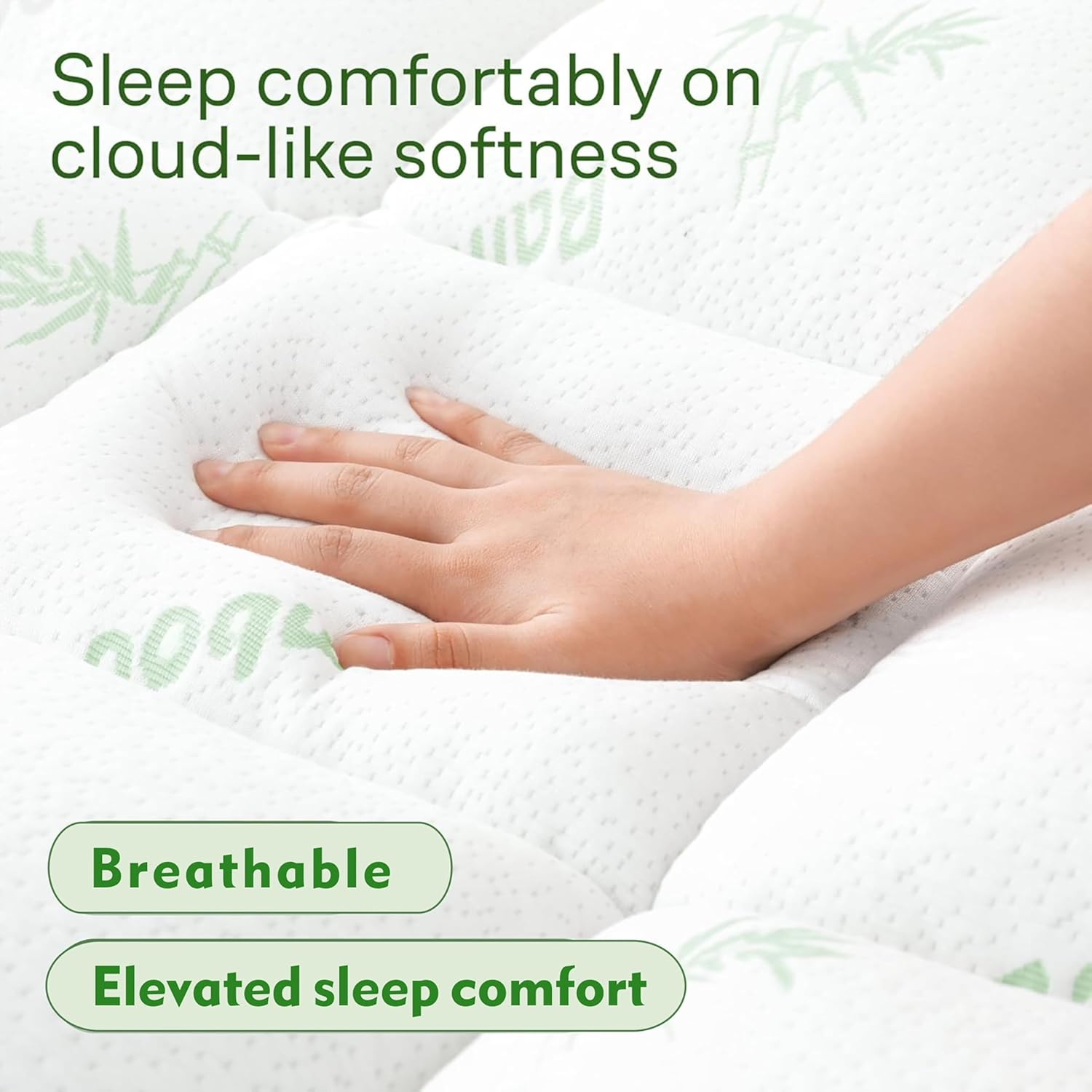 Cooling Bamboo Fibers Mattress Topper for Back Pain, Thick Mattress Pad Cover Plush Soft Pillowtop with Elastic Deep Pocket for Deep Sleep(Green,King Single) image number 4