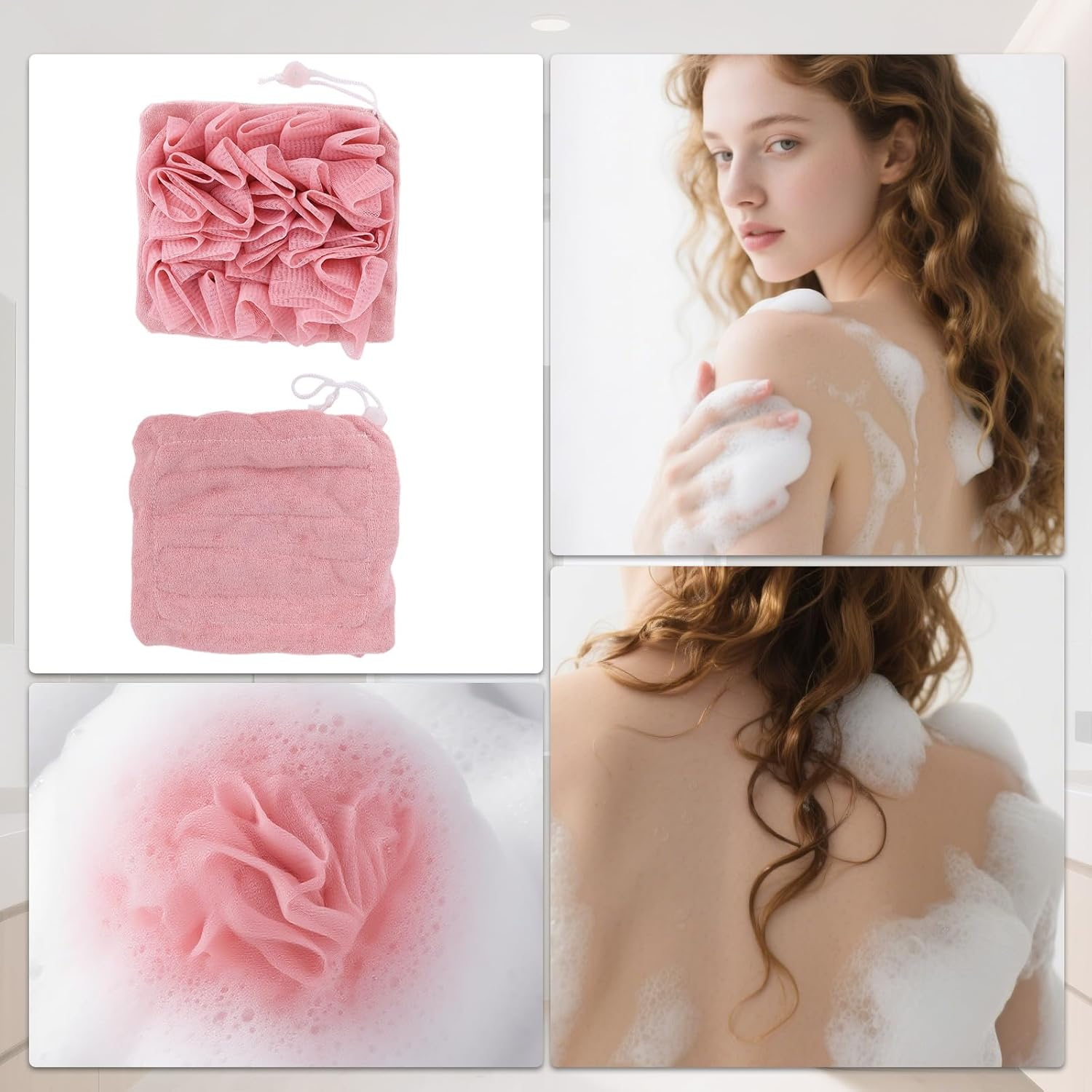 2Pcs Loofah Washcloth for Bar Soap, 2-In-1 Exfoliating Bath Sponge with Drawstring Reusable Mesh Shower Puff for Smoothing Skin & Body Cleansing (Pink, Beige) image number 1