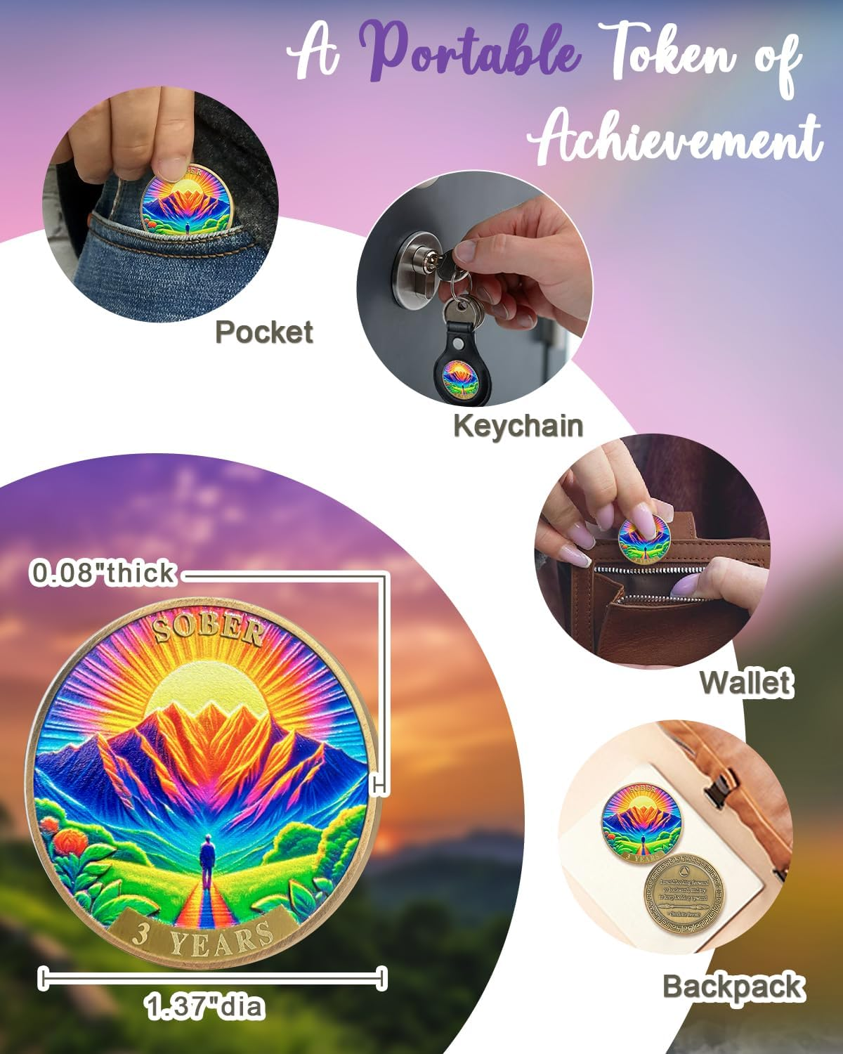 CHURYUML 3 Year Original Sobriety Coin Three Year Sober Chip Non-Religious AA Coins Recovery Anniversary Medallions Sobriety Gifts for Women Men Alcoholics Anonymous Addiction Recovery Gift