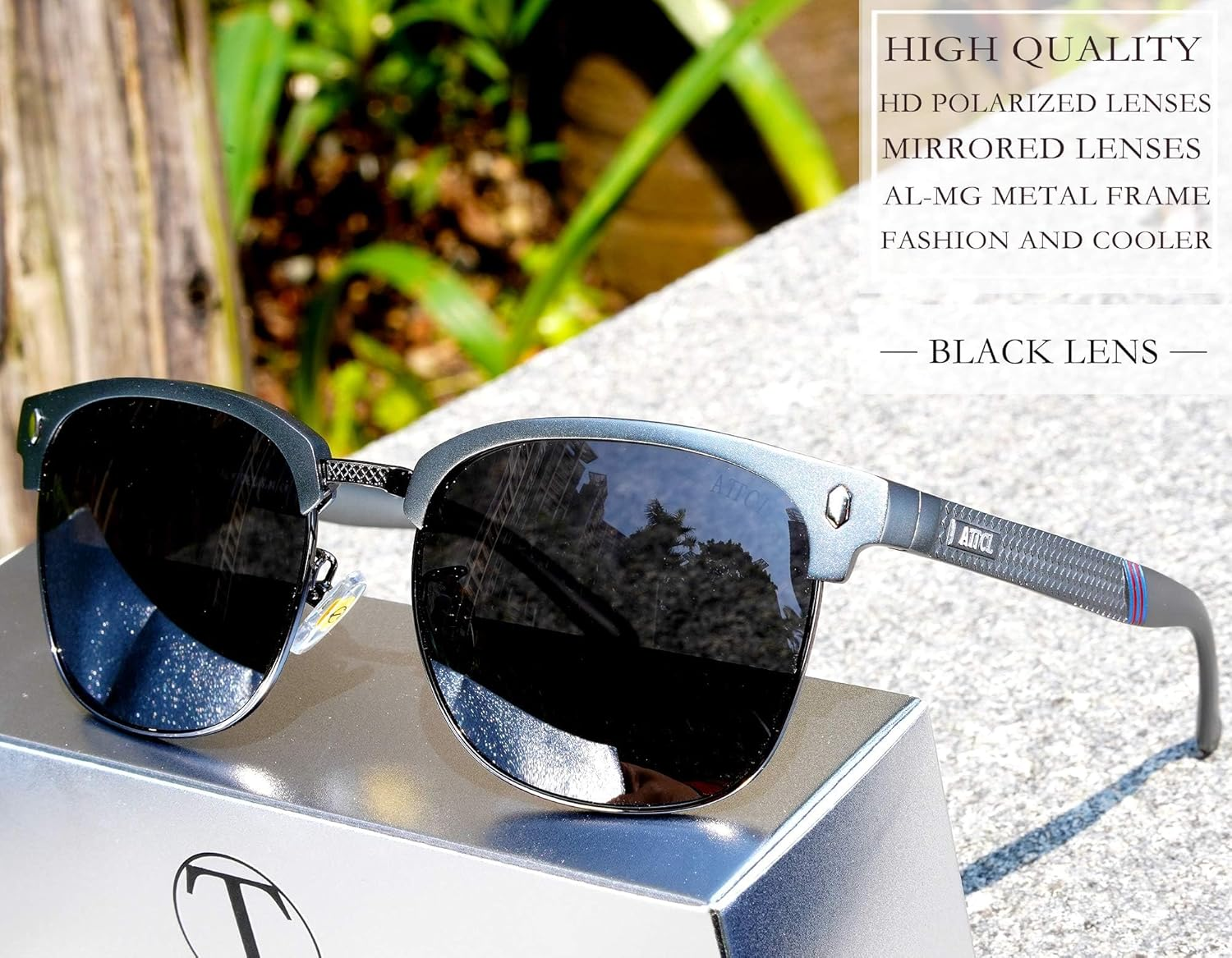 ATTCL Polarized Sunglasses for Men Driving: Lightweight Al-Mg Metal Frame Square Semi Rimless UV Protection for Travel Hiking - 8188-Black/Not Mirrored image number 4