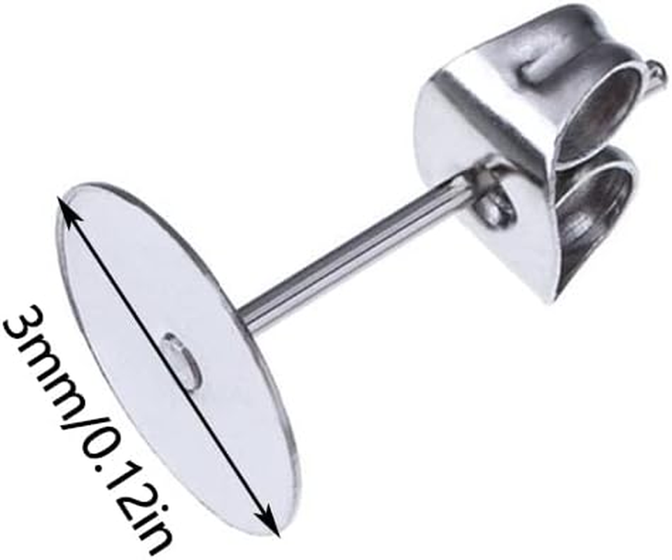 Sagasave 200Pcs 3Mm Stainless Steel Earrings Posts Flat Pad with Butterfly Earring Backs for Earring Making Findings image number 2