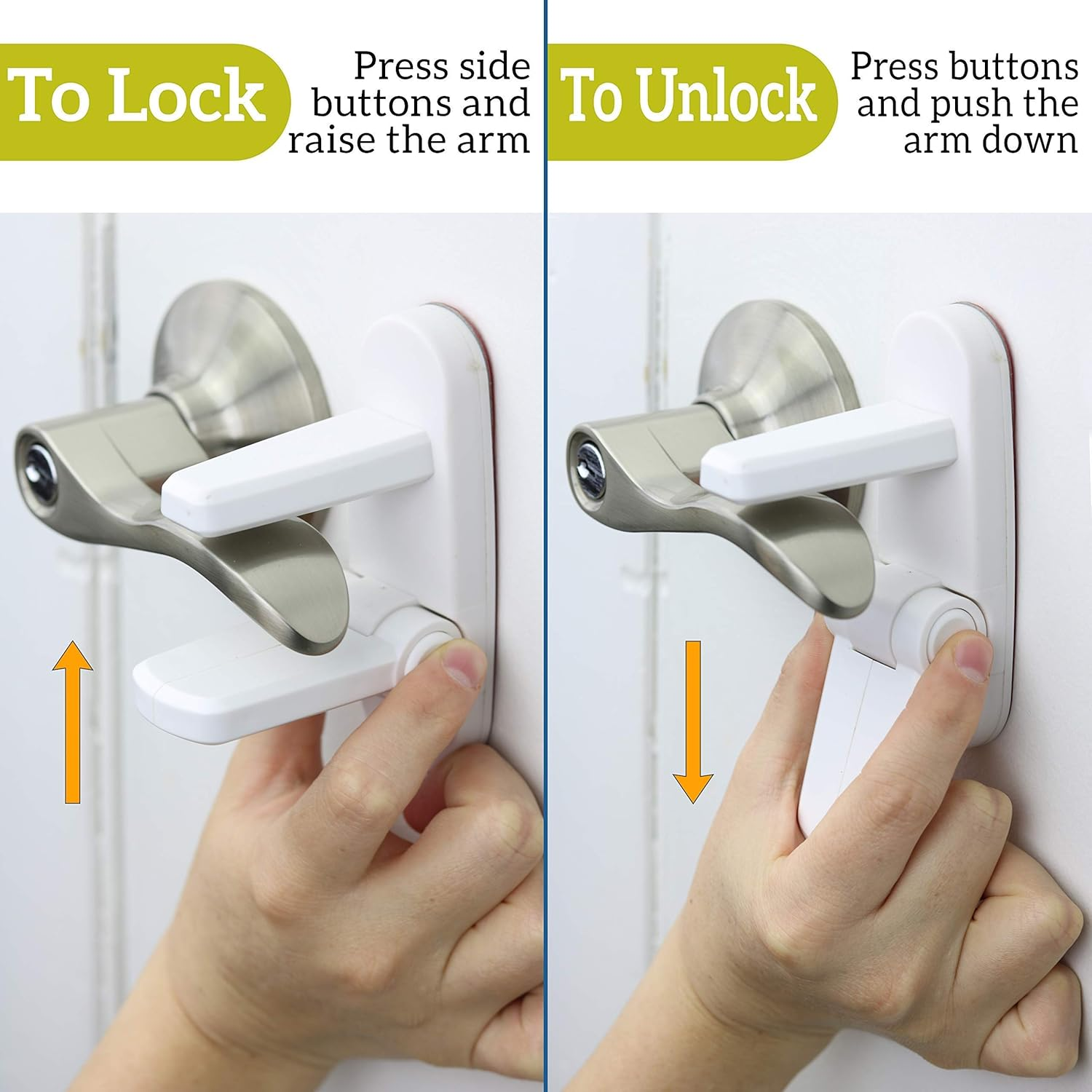 Improved Childproof Door Lever Lock 4-Pack Prevents Toddlers from Opening Doors. Easy One Hand Operation for Adults. Durable ABS with 3M Adhesive Backing. Simple Install, No Tools Needed (White, 4) image number 1