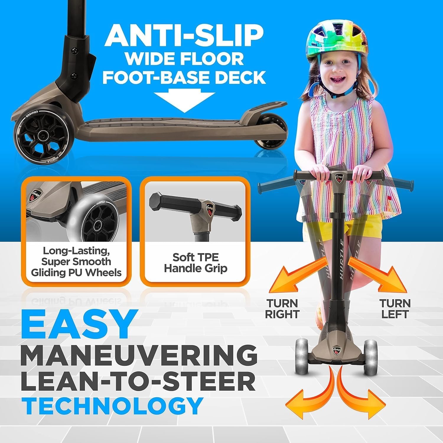 Hurtle 3 Wheeled Scooter for Kids - Foldable Stand Child Toddlers Toy Kick Scooters W/Built-In LED Wheel Lights, Anti-Slip Wide Deck, Adjustable Height, Great for Outdoor Fun image number 4