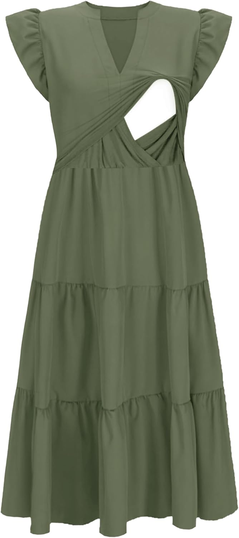 Womens Nursing Midi Dress Breastfeeding Summer Ruffle Sleeveless V Neck Tiered Beach Sundress with Pockets image number 4