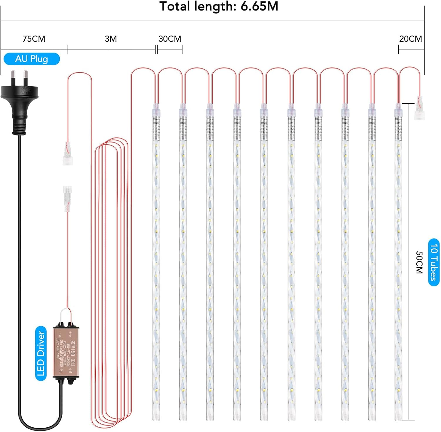 Musclez Christmas Meteor Shower Lights, 50Cm 10 Tubes 480 LED Christmas Lights Outdoor Indoor Decoration, Falling Star Lights for Xmas Trees Holiday Party Wedding Garden Patio Decor (Cool White) image number 4