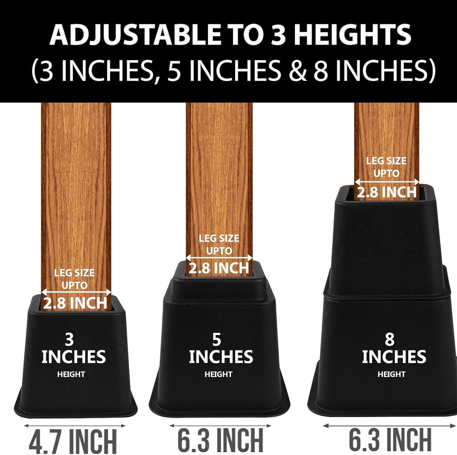 Adjustable Bed Furniture Risers-Stackable Bed Frame Risers,Heavy Duty Risers for Beds Elevation in Heights 3, 5 or 8 Inch for Chair, Table and Sofa- Supports up to 1300 Lbs - (Set of 8 Riser, Black) image number 5