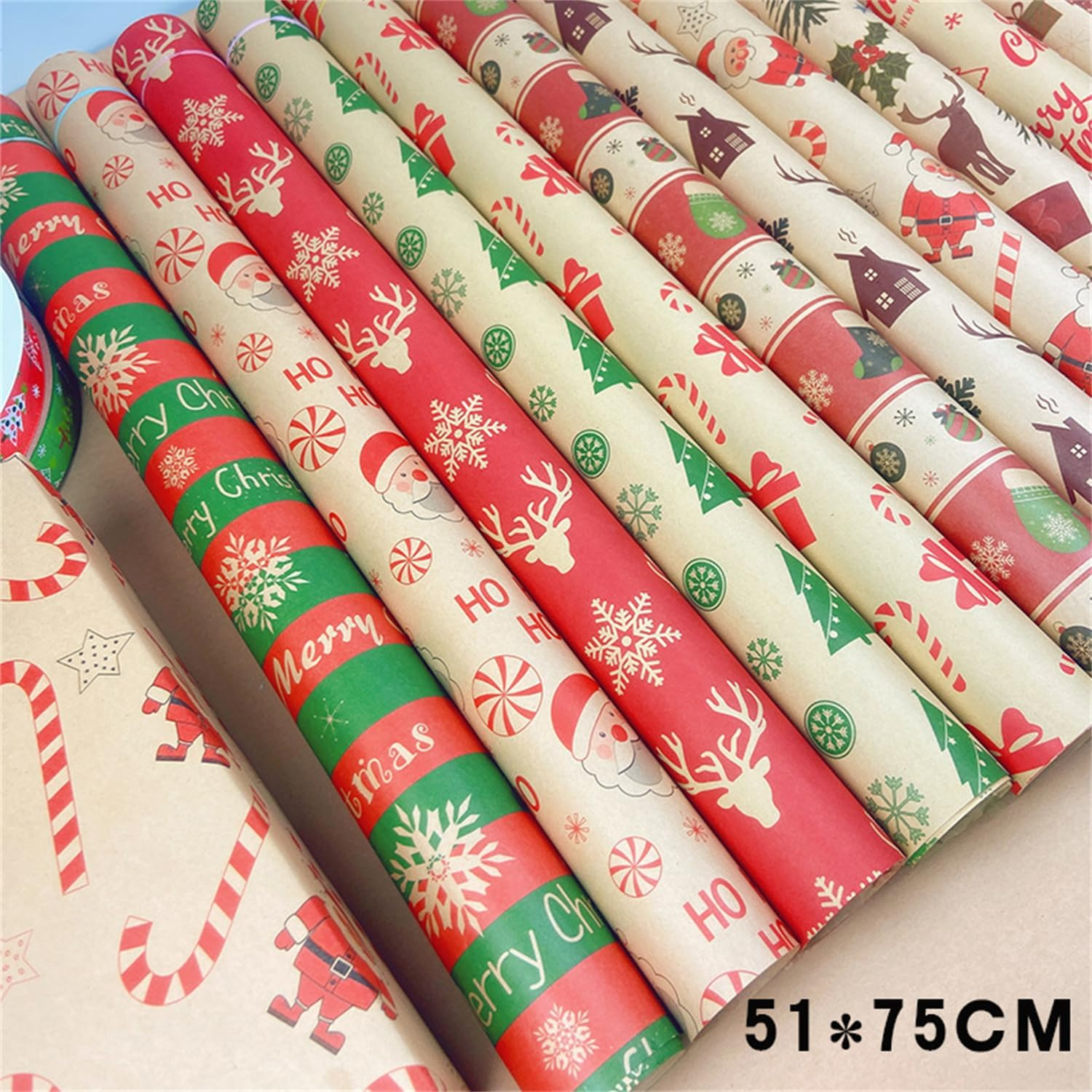 Eco-Friendly Renewable Wrapping Paper, 12Pcs+8M Tape+4Roll Ribbons - Cute Vintage Package for Christmas, Bridal & Baby Showers, Birthdays, Friendsmas image number 1
