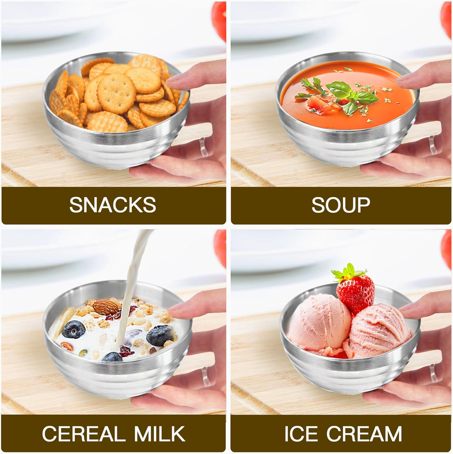 IMEEA Soup Bowl 10 Oz Ice Cream Bowl Double Wall Insulated Bowl SUS304 Stainless Steel Cereal Bowls, Set of 4 image number 6