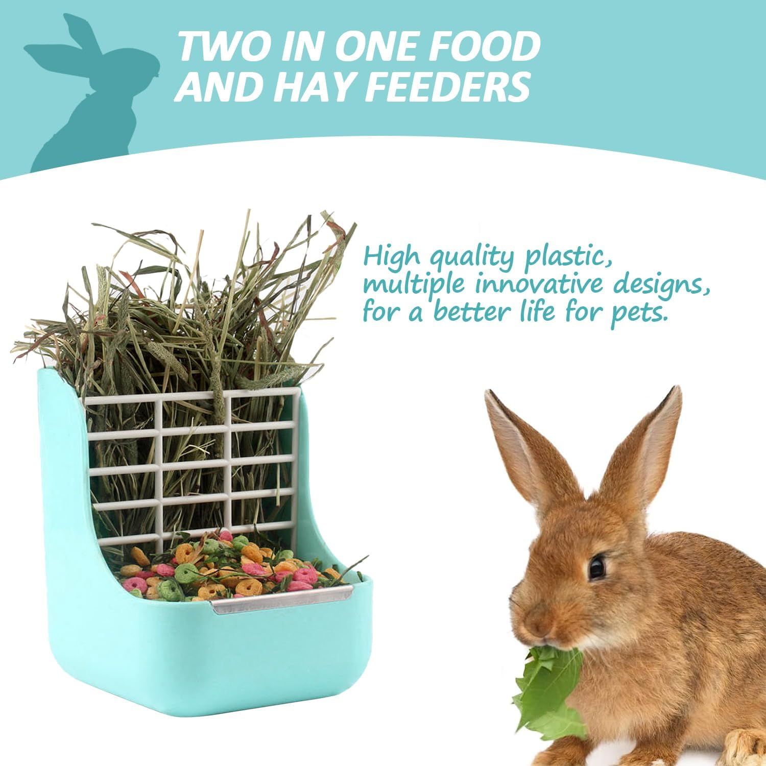 Rabbit Feeder and Water Dispenser Set, Hanging Hay Food Bin, 2 in 1, Food Bowl for Bunny, Chinchillas, Guinea Pigs and Other Small Animals, Keep Hay and Pellet Organized (Blue) image number 6