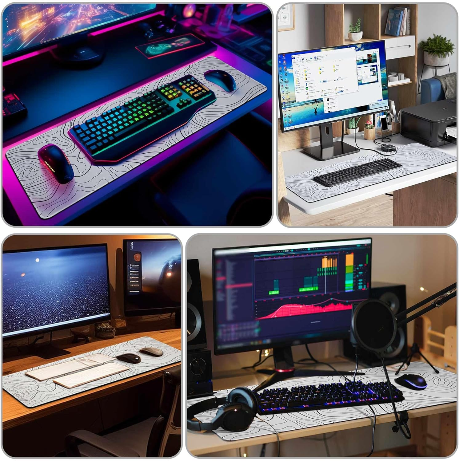 DAWNTREES 140X60Cm Mouse Pad,Gaming Mouse Pad Keyboard Pad, Topographic Desk Pad Black and White Mouse Mat for Keyboard with Anti-Slip Rubber Base. (White Topographic, 140X60Cm)