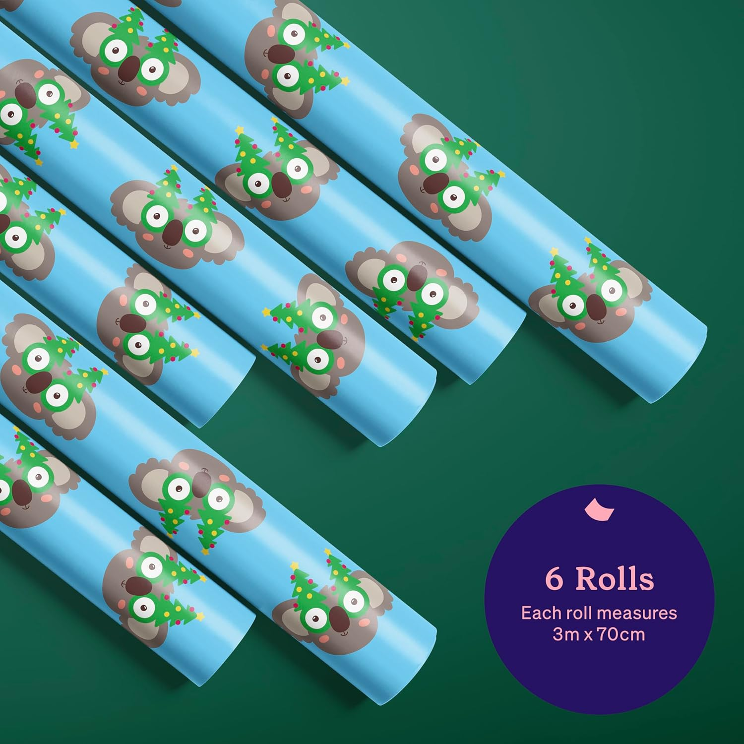 GIVEWRAP&reg; Gift Wrap That Gives to Charity. 6 Rolls 3M*70CM Koala Specs Bundle (18M Total), 100% Recyclable Eco-Friendly Premium 80Gsm Christmas Xmas Festive Holidays Crafts Kids Women Men image number 5
