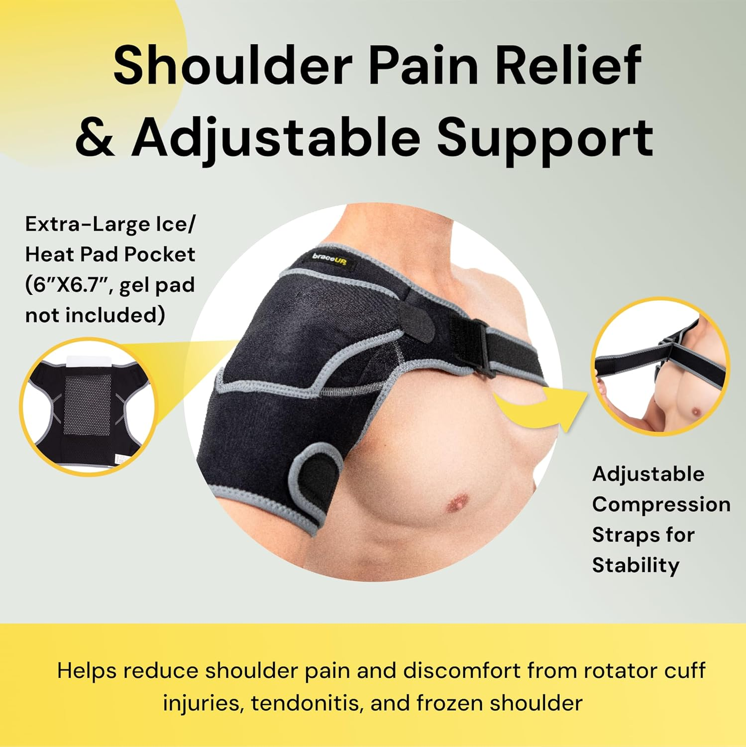 Braceup Shoulder Brace with Adjustable Support and Ice Pad Pocket for Pain Relief, Rotator Cuff Recovery, and Injury Prevention - Ideal for Men and Women, One Size Fits Most
