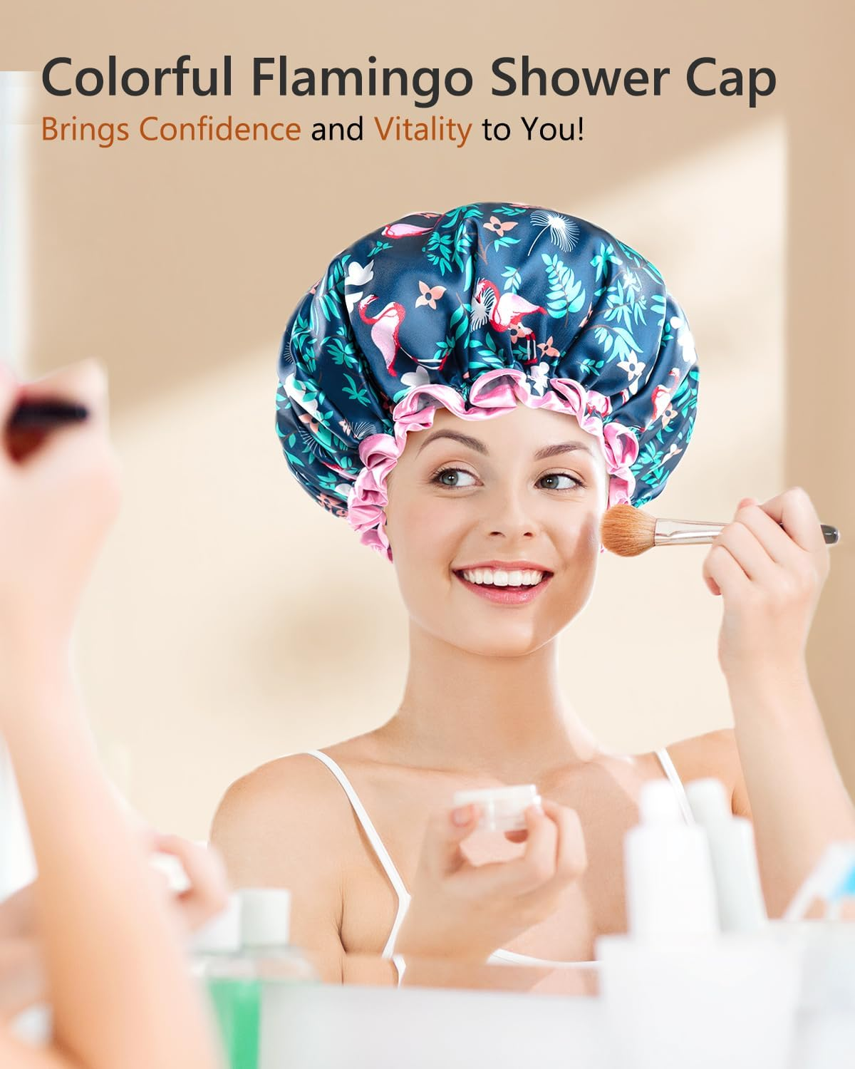 Mikimini Large Shower Cap for Women Long Hair, Flamingo Shower Caps with Pink Lace, Double-Layer Waterproof, Reusable, Washable,X-Large (Pack of 1) image number 5