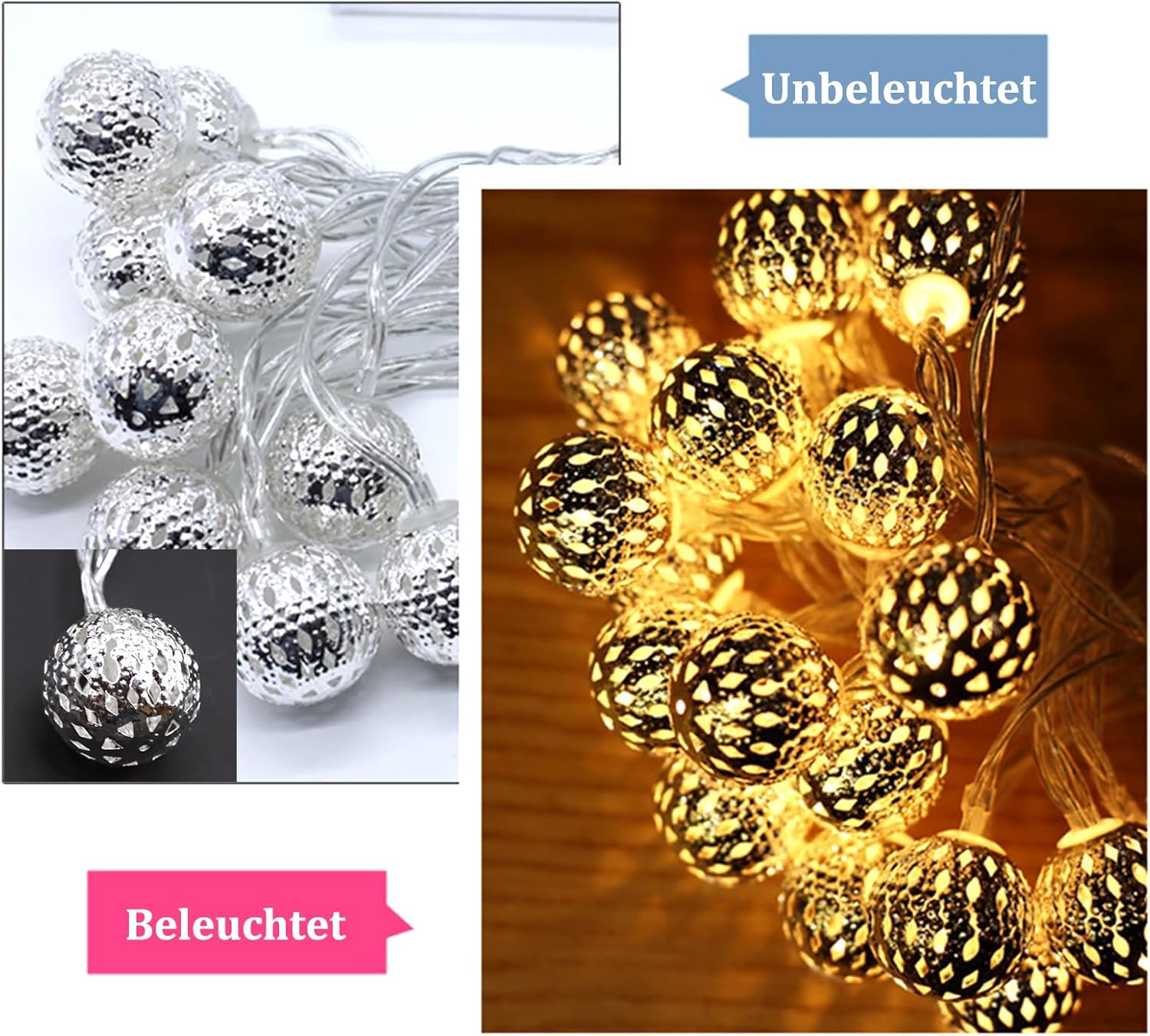ENLACE Moroccan String Lights, 3 Meters 20 Leds Metal Balls Battery Operated for Indoor Outdoor Wedding Christmas Birthday Party Decoration Warm White