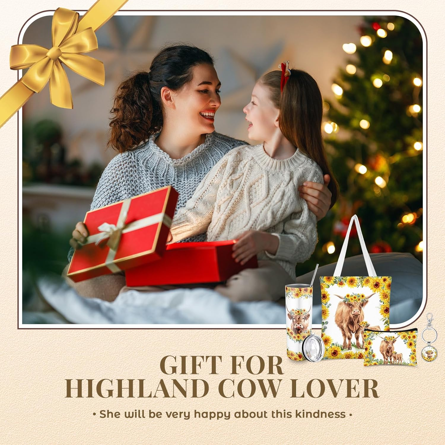 Abbylike 4 Pcs Highland Cow Animal Lover Gifts: Stainless Steel Tumbler with Straw Lid, Metal Keychain, Canvas Tote Bag, Cosmetic Bag for Christmas, Birthday image number 3