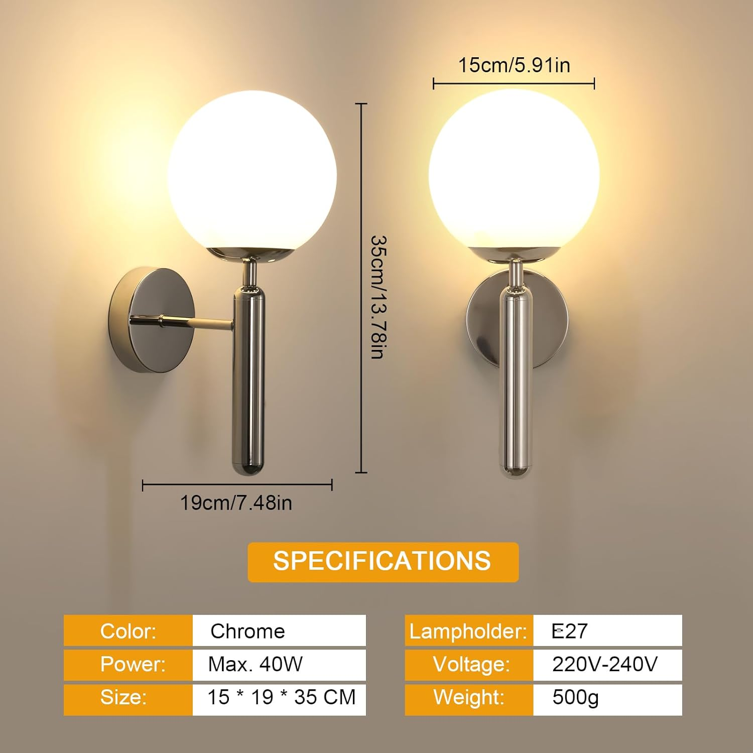 Goeco E27 Interior Wall Light Chrome with Glass Ball Shade Diameter 15 Cm Max 60 W Vintage Mood Lighting for Bedroom Living Room Kitchen Hallway No Bulbs image number 3