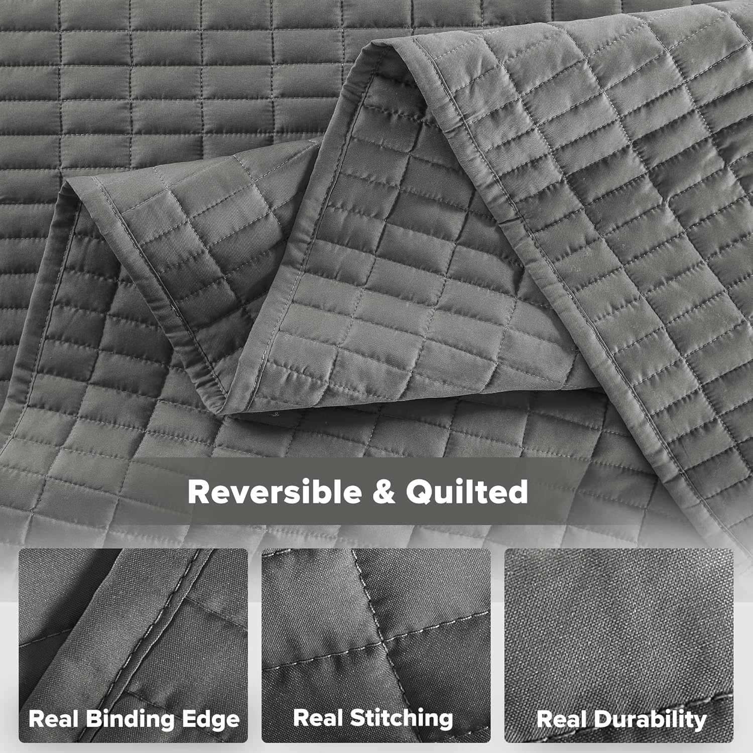 Comfort Spaces Kienna Quilt Set-Luxury Double Sided Stitching Design Summer Blanket, Lightweight, Soft, All Season Bedding Layer, Matching Sham, Charcoal Grey, Coverlet King (104"X90") 3 Piece image number 6