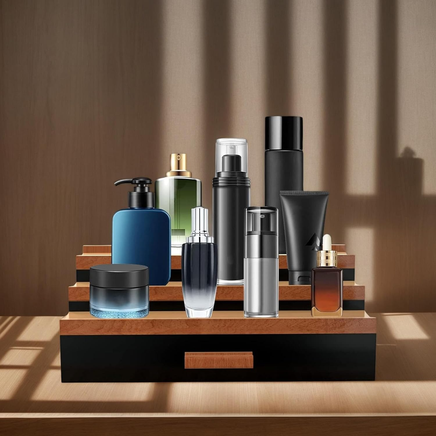 Perfume Display Shelf | 3 Tier Wood Perfume Display Stand Shelf with Drawer | Bathroom Organizers and Storage for Beard, Shaving Lotion, Watches, Sunglasses image number 2