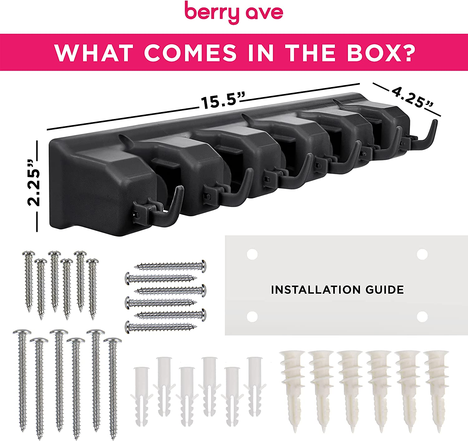 Berry Ave Broom Holder & Wall Mount Garden Tool Organizer - Home Laundry Room, Kitchen, Closet, Shed, Garage Organization and Storage Utility Rack - 5 Slots & 6 Hooks -Rake, Shovel, Mop Hanger (Black) image number 2