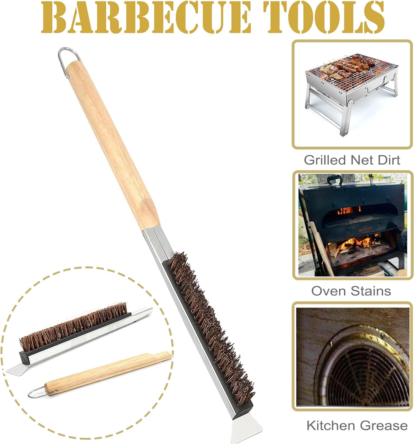 Pizza Oven Brush Grill Fiber Bristles Wood Handle Barbecue Clean Kitchen Accessories Kit Portable Cleaning Natural Material Stone image number 3