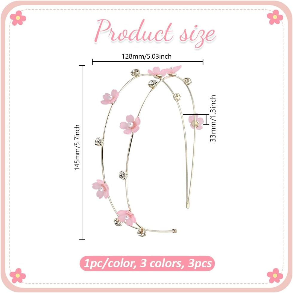 GOMAKERER Pack of 3 Hair Bands with Flowers Rhinestones, 3 Colours, Double-Layer Hair Bands, Simple Thin Metal Hair Band, Hair Band, Hair Accessories for Women, Birthday Gift Decoration