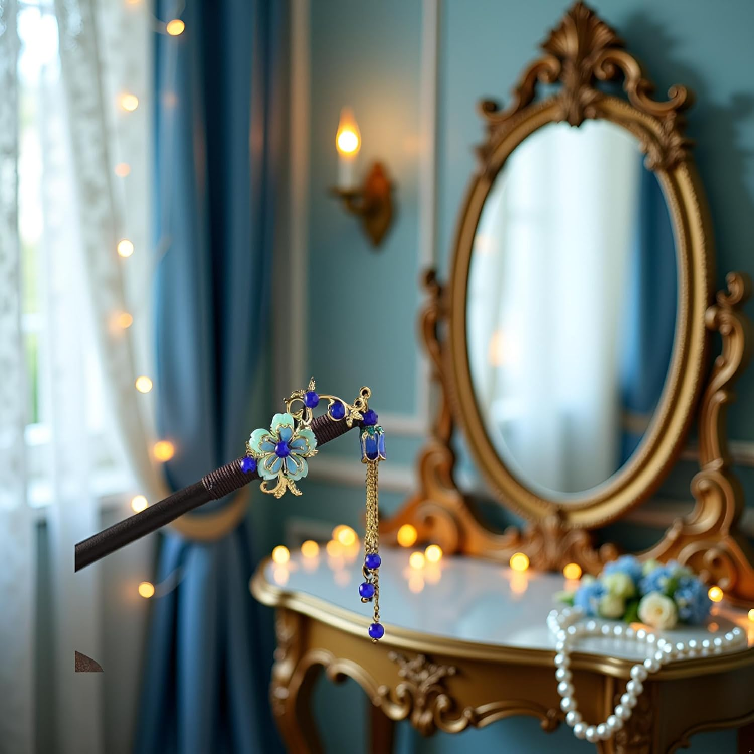 Jjlfresheners Blue Retro Vintage Flower Hair Stick - Wooden Hairpin with Tassel, Hair Securing for Wedding, Hairdressing, Hair Accessories for Adult Women - 1 Count