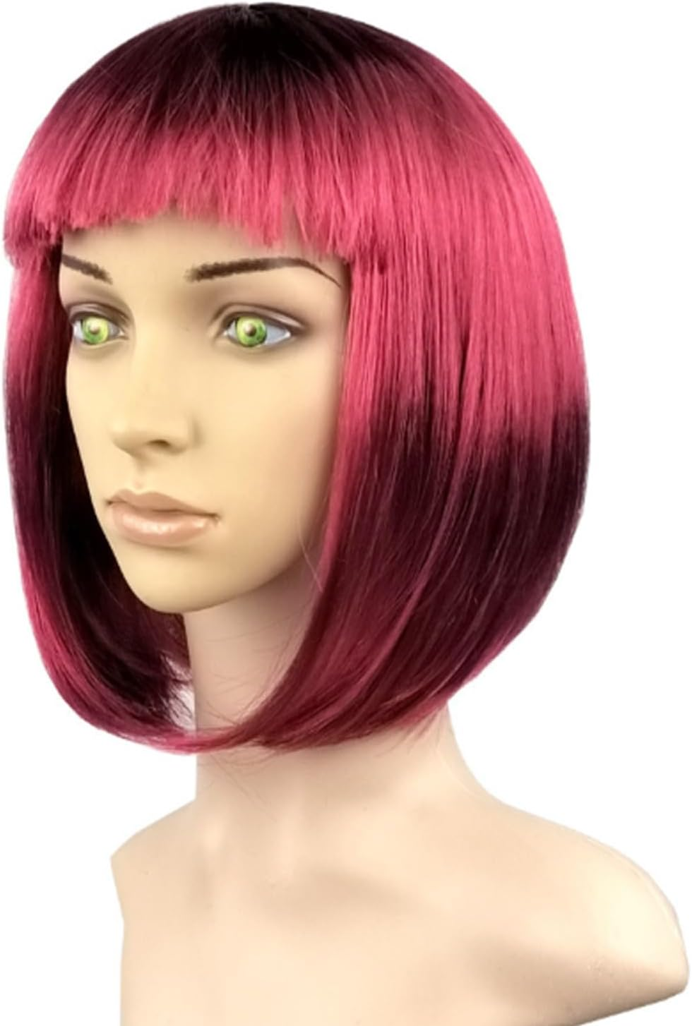 FEESHOW Short Straight Bob Wig with Flat Bangs Synthetic Hair for Women Girls Cosplay Costume Party Fashion Hairpiece Brown One Size