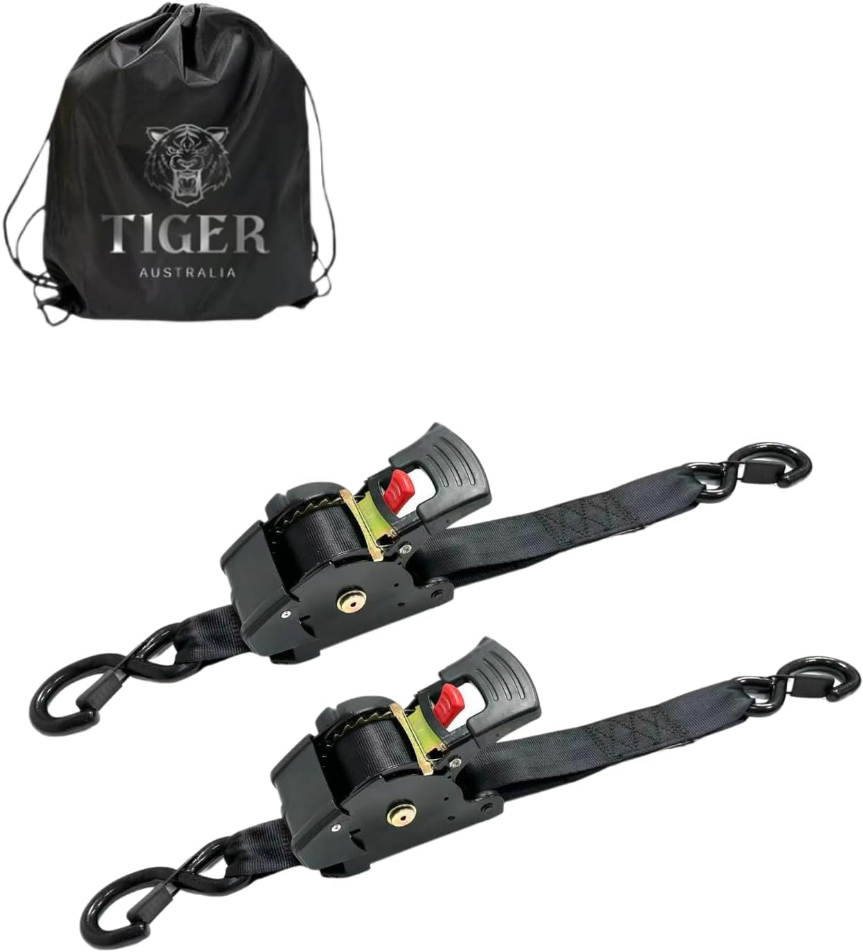 Tiger Australia Heavy Duty 50Mm X 4.5M Auto Retractable Ratchet Tie down Straps 2-Pack, 1600KG Heavy Duty, Upgraded to Stainless Steel Spring, S-Hooks & Storage Bag, for Trailers, Utes, Boats & Moving