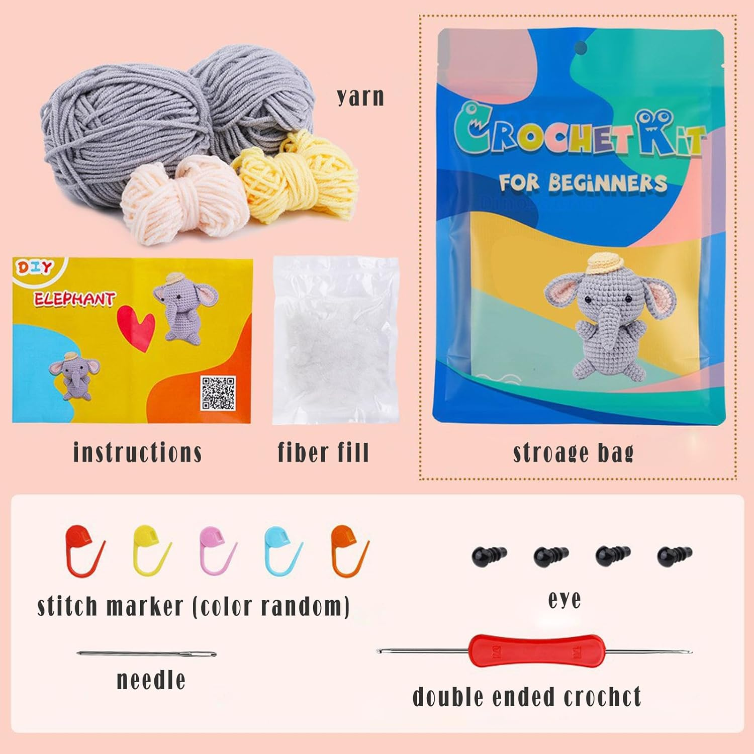 BRUIQIM Crochet Kit for Beginners, Crochet Starter Kits for Adults Step-By-Step Video Tutorials, Craft DIY Knitting Supplies, Crocheting Animals Kits for Women Men Complete Kit Included (Elephant) image number 3
