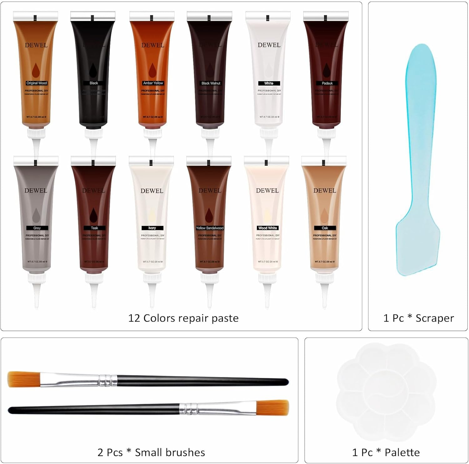 DEWEL Wood Furniture Repair Kit, 12 Colors Wood Fillers with Tools, Upgrade Furniture Fillers Touch up for Stains, Scratches, Wood Floors, Tables, Bedposts (Set of 16) image number 2
