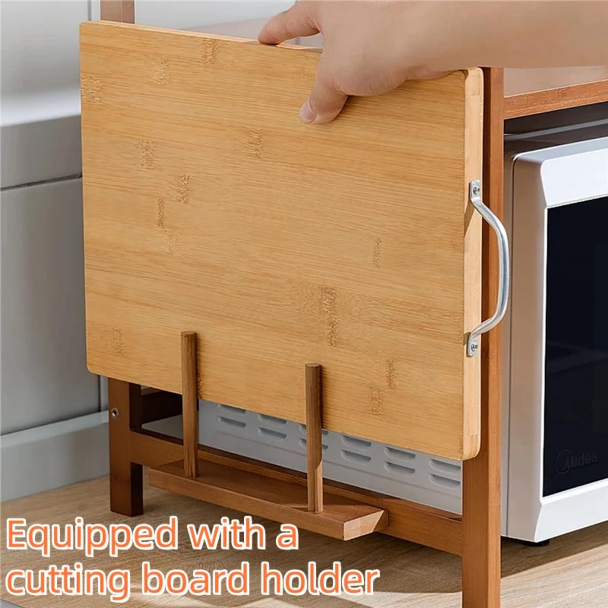 Kitment Microwave Shelf Microwave Stand, 3 Tier Bamboo Microwave Oven Rack with Board Rack, Kitchen Shelf Organiser with Adjustable Height and 4 Hooks image number 2