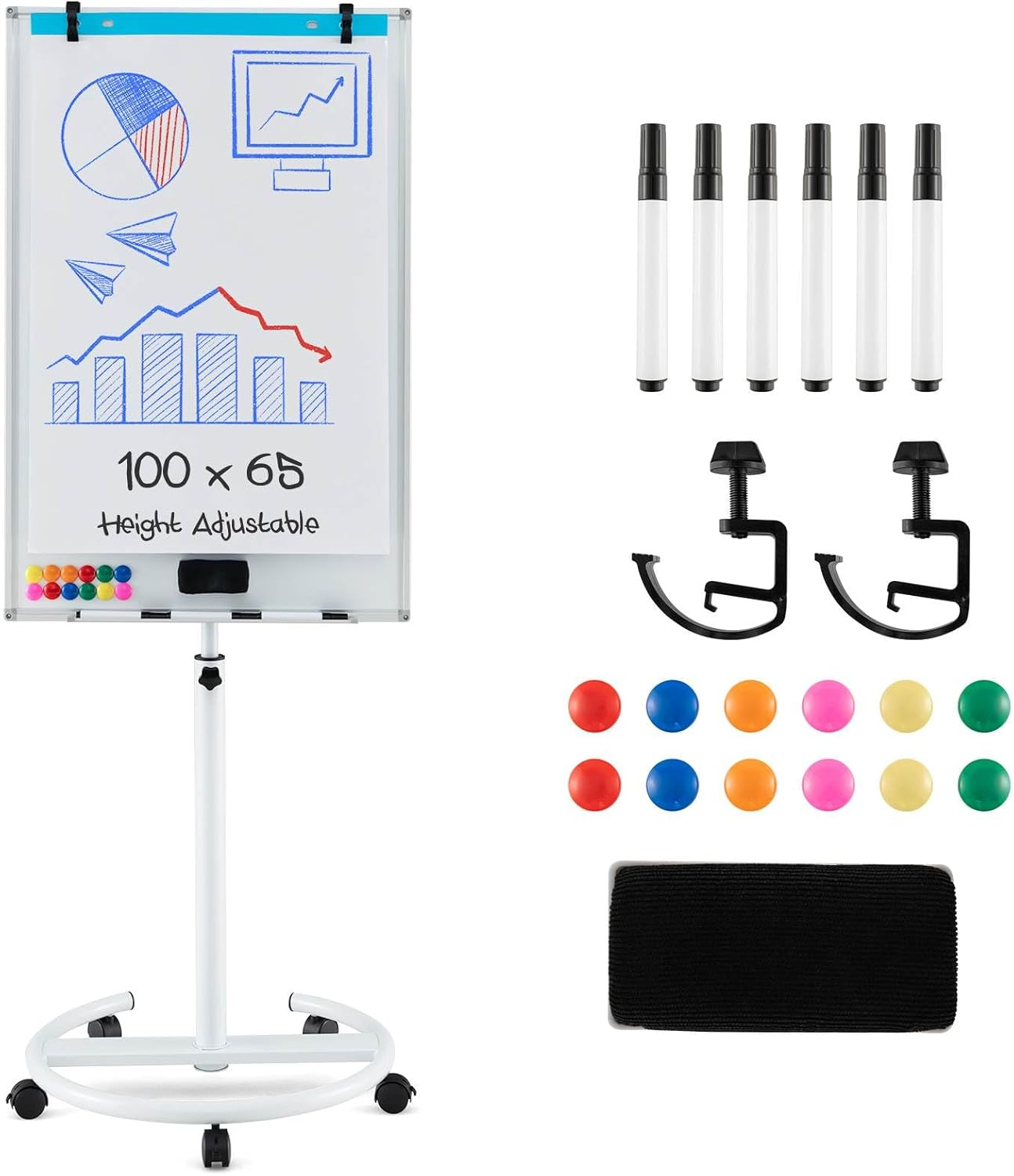 Costway 90 X 120 Cm Mobile Magnetic Whiteboard, Double-Sided Reversible & Lockable Free-Standing Whiteboard, Adjustable-Height, 360&deg; Rolling Dry Erase Board with Flip Chart for School, Office, Home