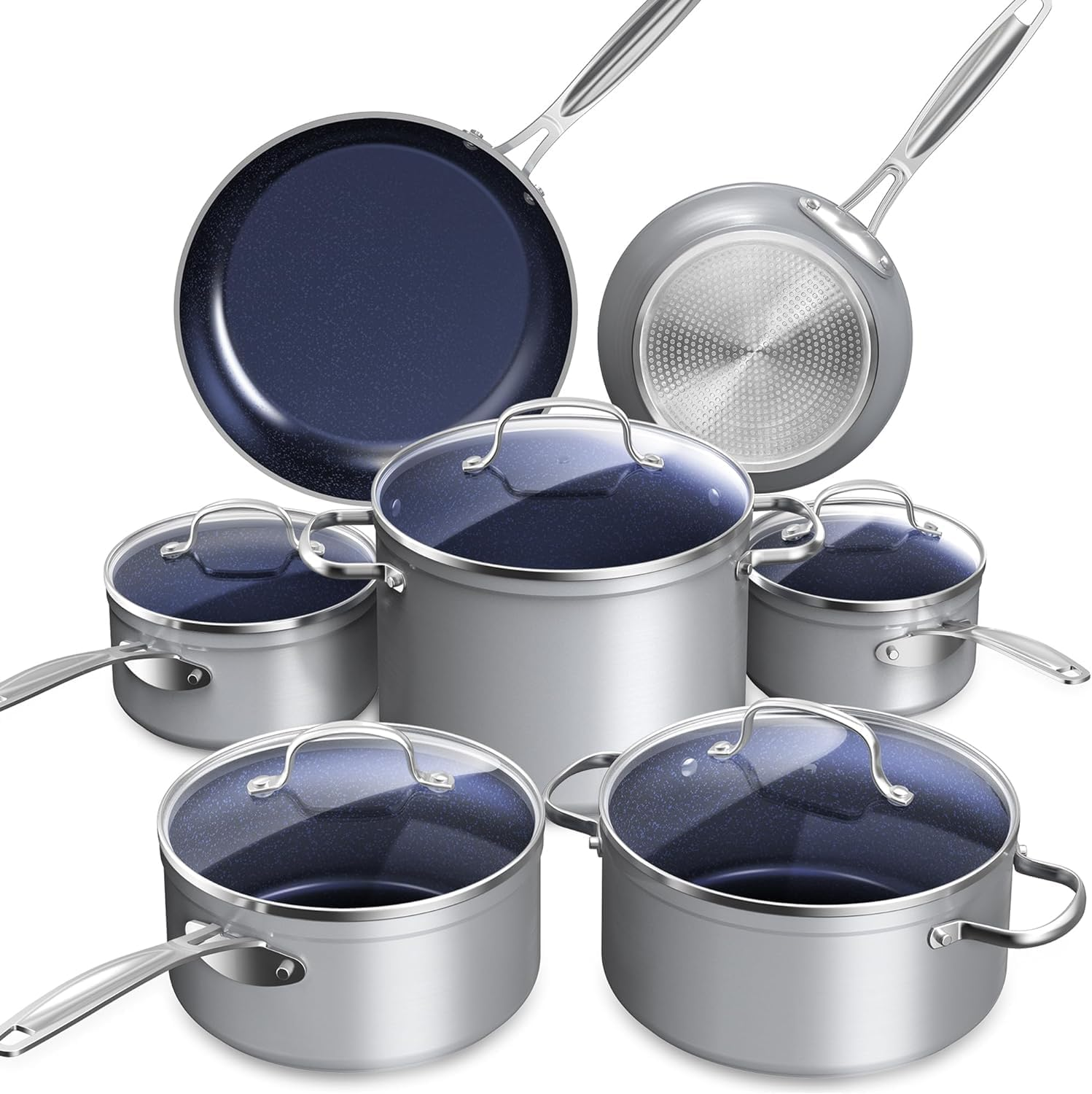 Nuwave Healthy Duralon Blue Ceramic Nonstick Coated Cookware Set, Diamond Infused Scratch-Resistant, PTFE & PFOA Free, Oven Safe, Induction Ready & Evenly Heats, Tempered Glass Lids & Stay-Cool Handle image number 6
