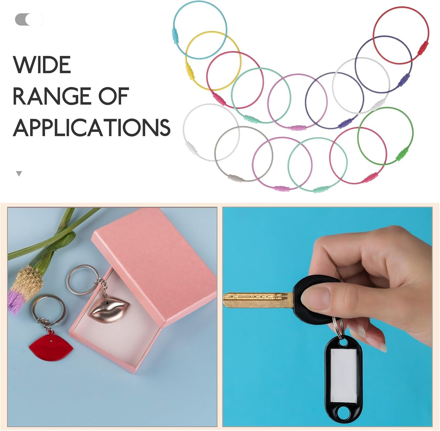 MUCKLILY 15Pcs Painted Steel Wire Keychain Loop Luggage Tag Rings 1.5Mmx15Cm Sturdy Cable Key Ring Holder for Travel Accessories