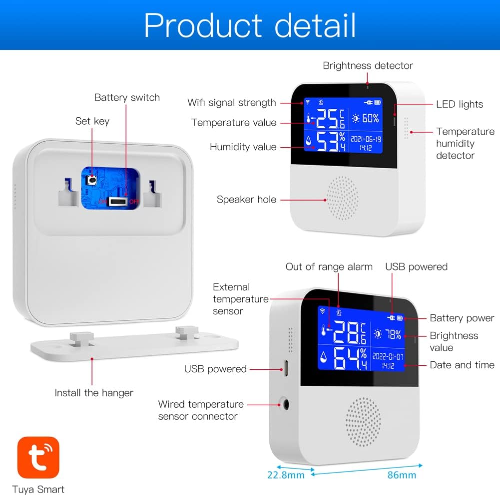 Tuya Wifi Intelligent Temperature Humidity Sensors Intelligent Home Desktop Office Hotel Multi-Function Temperature Humidity Sensors 2.9 Inch with Backlight LCD Display Time Date Display Mob QUKAN
