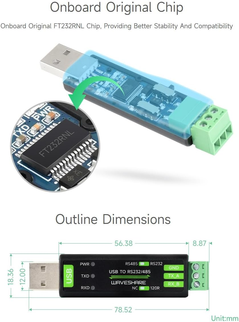 Waveshare USB to RS232/485 Serial Converter, Onboard Original FT232RNL Chip, Features More Stable Transmission, Suitable for Multiple Devices, Compatible with Mac/Linux/Android/Win11/10/8.1/8/7, Etc image number 6