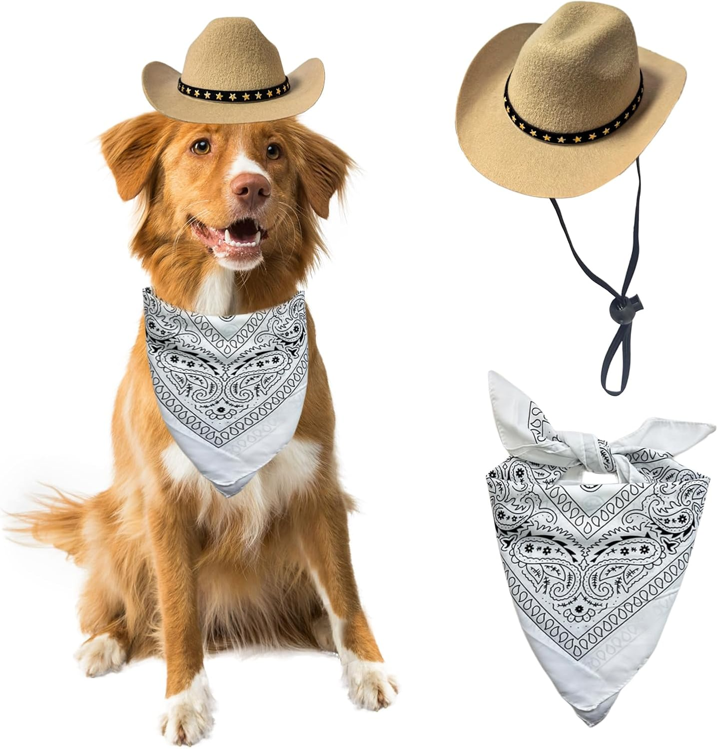Dog Cowboy Hat Cat Cowboy Hat Mini Cowboy Hat for Dogs Cat Pet Cowboy Costume with Bandana Scarf Holiday Halloween Pet Party Decoration (Khaki, Large) image number 1