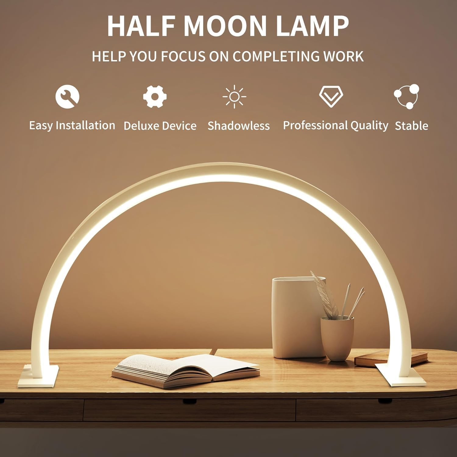 Nail Desk Lamp with Half Moon Light,Led 3D Fill Light, 3 Adjustable Light Colors, Suitable for Beauty, Eyelashes, Nail Art, Skincare, Embroidery, Etc (White) - Pink image number 6