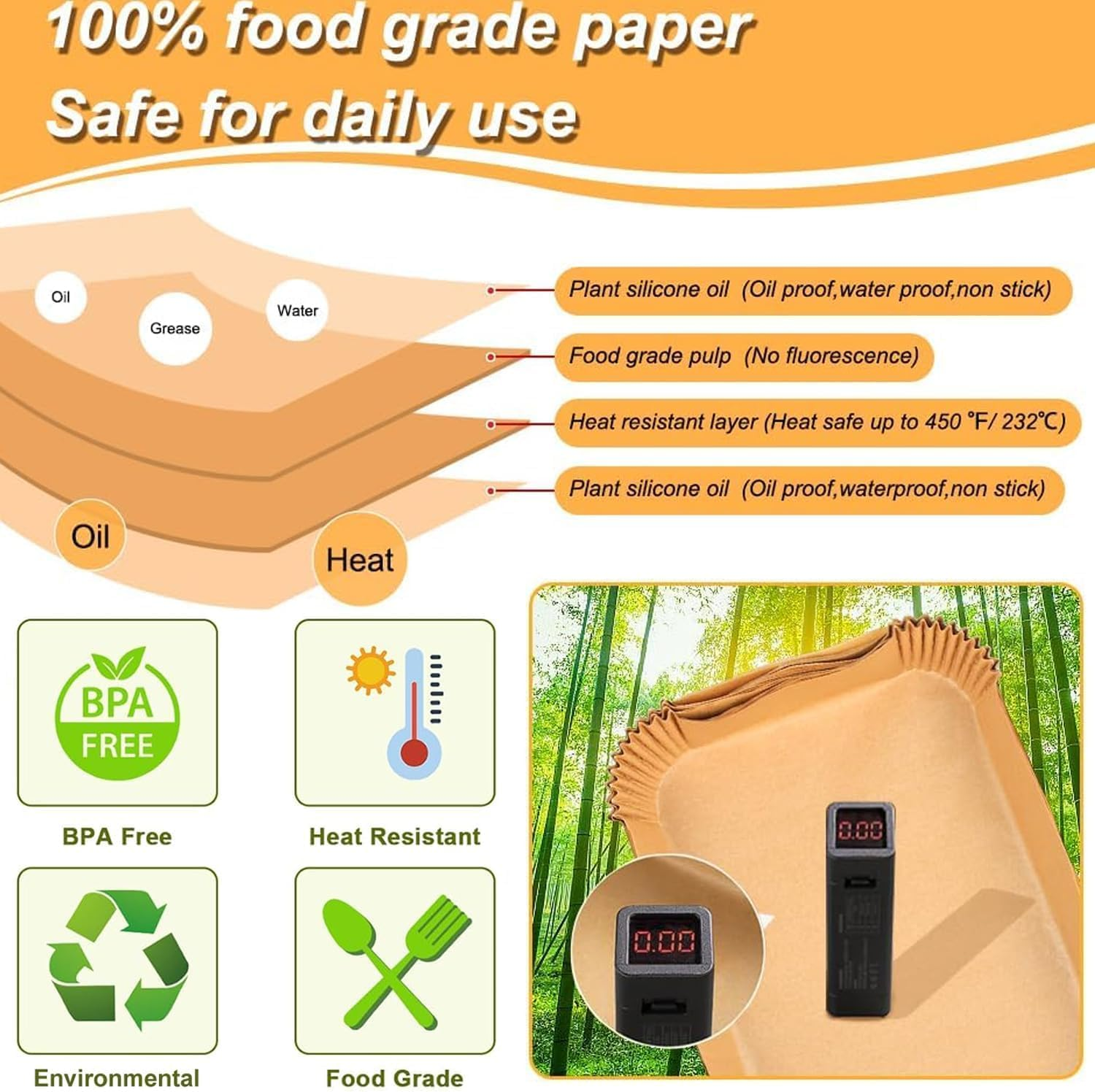 Pack of 100 Baking Paper for Tefal EY9018 Dual Easy Fry EY905D 5.2/3.1 L, Baking Paper for Hot Air Fryer Philips Dual Basket Airfryer 3000 Series, Moulinex 8.3 L, DMS, Cecotec, Air Fryer Accessories image number 5