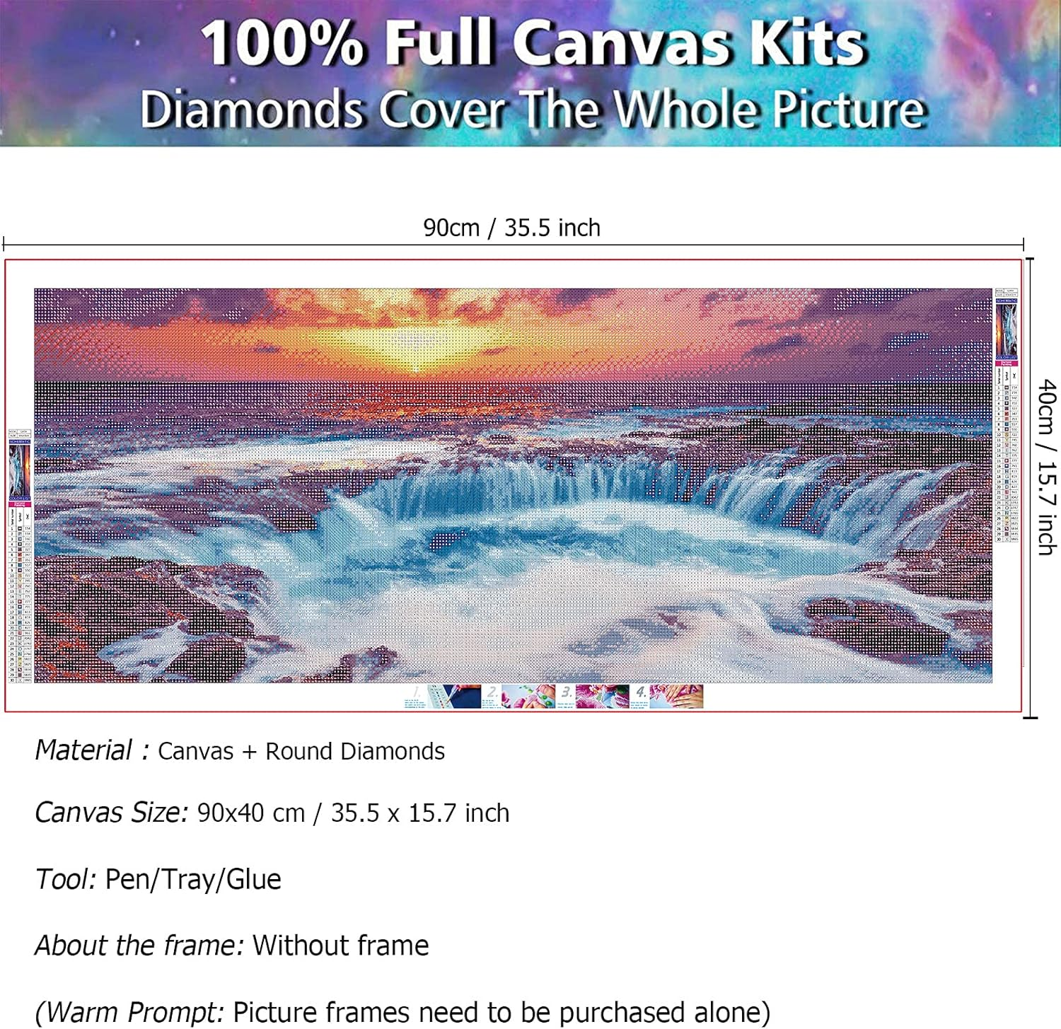 JATOK Diamond Painting Kits for Adults, DIY 5D Diamond Painting Paint Large Sunset Waterfall (35.5X15.7Inch) by Number with Gem Art Drill Diamond Painting Kits for Kids for Home Wall D&eacute;cor, Gifts image number 5