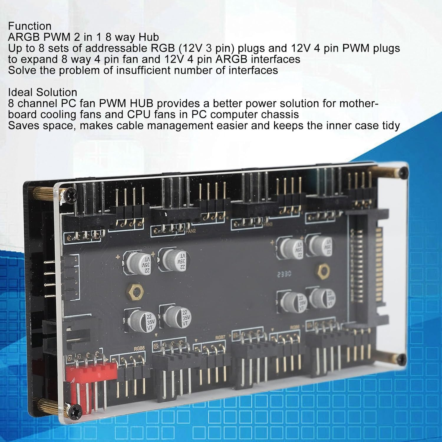 12V 4Pin ARGB PWM Hub, 8 Port ARGB PWM Fan Hub with RGB Synchronization Function, SATA Power Supply, Simple Cable Management for PC Case Fan image number 3