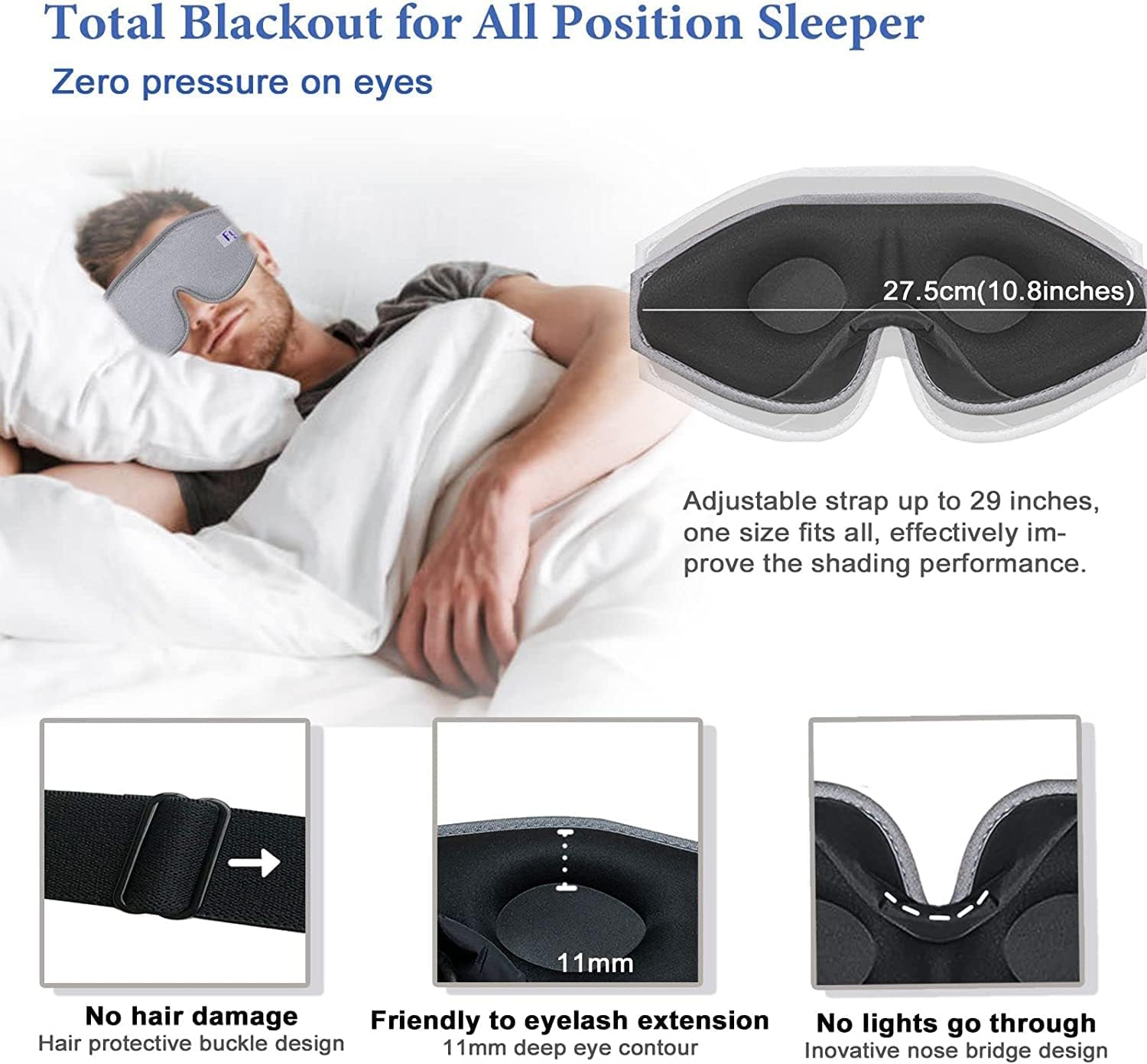 3D Sleep Mask,100% Light Blocking Comfortable Eye Mask,Contoured Cup Eye Mask,With Adjustable Strap,Breathable & Soft Ideal for Night Sleeping,Traveling,Shift Work (Black) image number 3