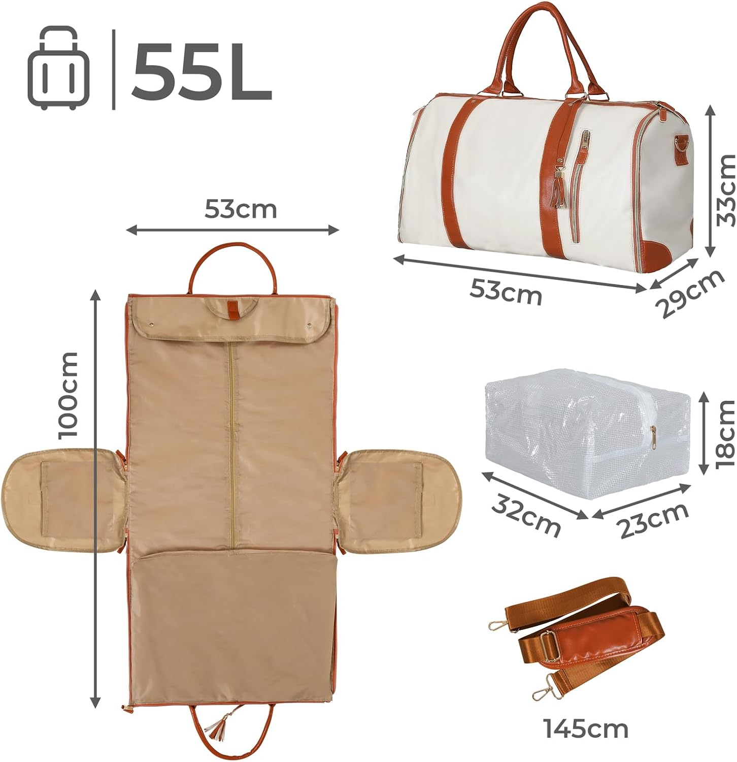 Slimbridge Carry on Garment Bag, Business Travel Bags, 2 in 1 Hanging Suitcase Suit Convertible Travel Duffel Bags, Large PU Leather Weekender Bag for Men Women, with Shoulder Strap and Shoe Bag, - Black image number 2