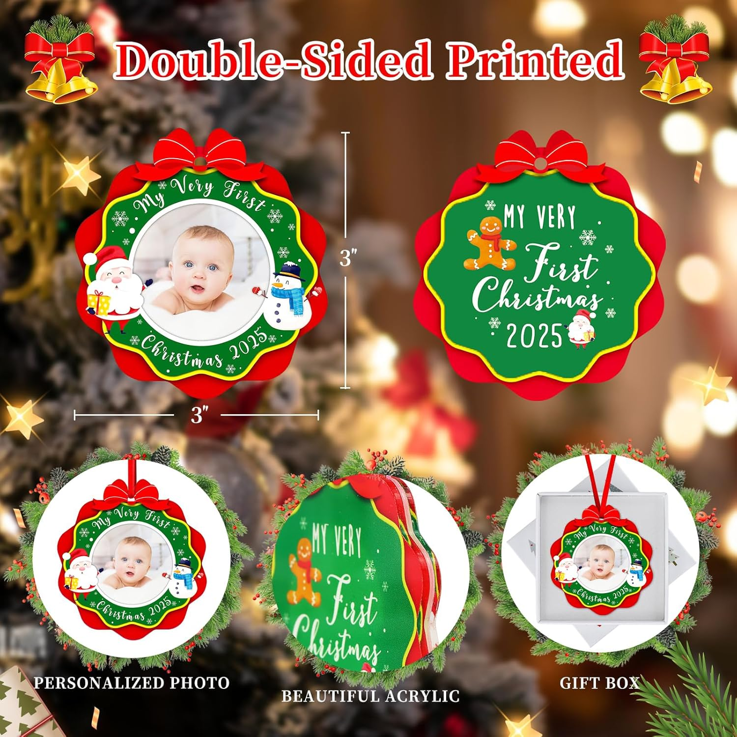 SICOHOME Babys First Christmas Ornament 2024 - My Very First Christmas Picture Frame Ornament Acrylic Newborn Baby 1St Christmas Ornament Photo Frame Girl Boy for Son Daughter Grandson Granddaughter image number 2