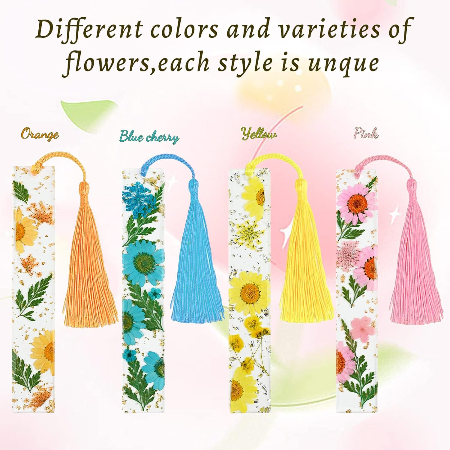 Kavoc 4 Pieces Flower Acrylic Bookmarks Book Page Holder Floral Bookmarks with Colorful Tassels Thumb Ring Page Holder Transparent Page Holders for Reading Students Teachers (Blue/Orange/Pink/Yellow) image number 4