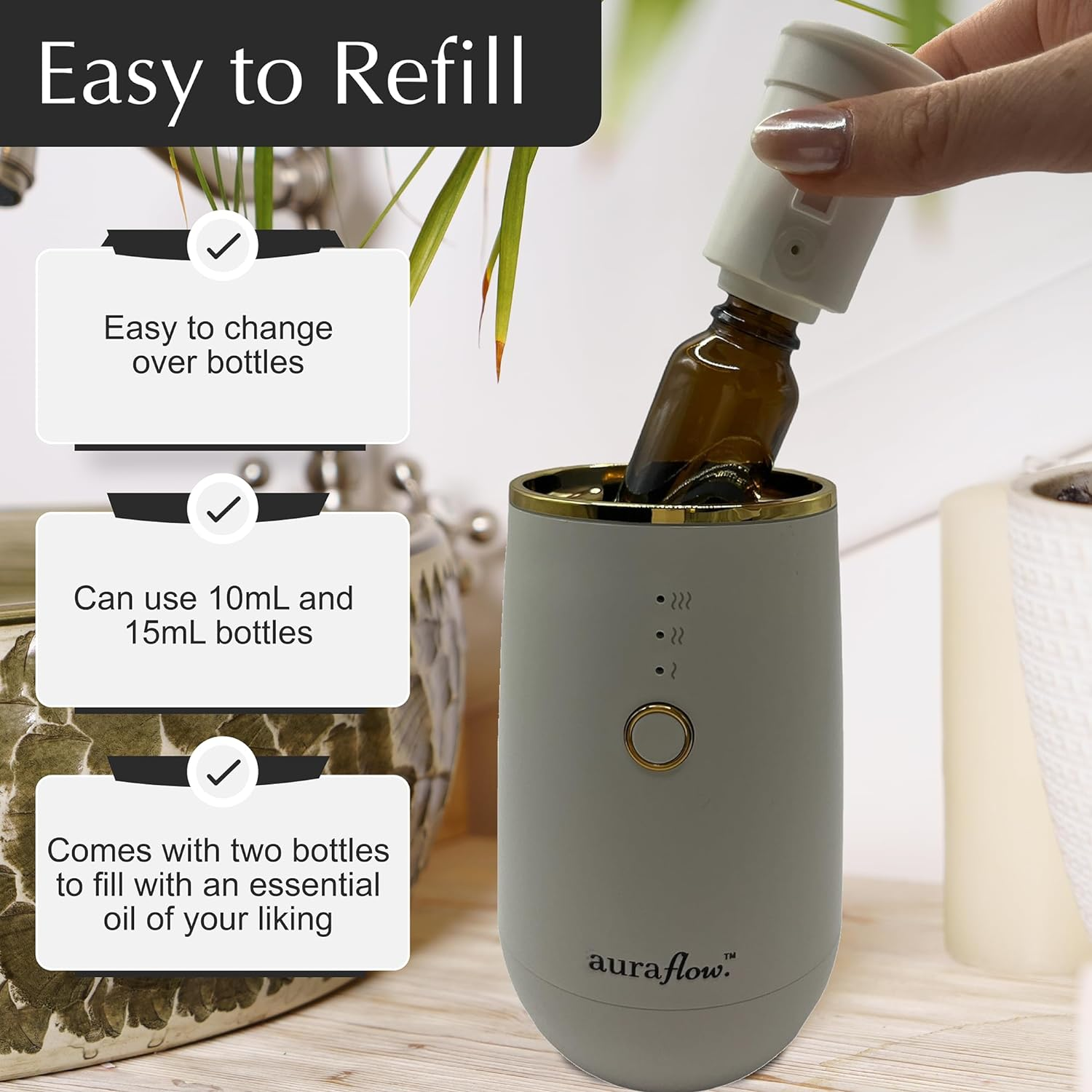 AURAFLOW [Australian Owned Small Business] Portable Waterless Essential Oil Aroma Diffuser for Home, Office, Bed, Car, Yoga, Sleep and Aromatherapy (White and Gold) image number 5