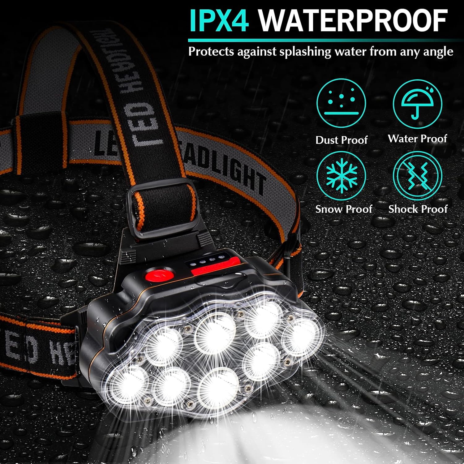 DAWINSIE Headlamp LED Rechargeable USB, 8 LED Head Torch 4 Modes, Waterproof, Perfect for Work, Outdoor, Camping, Hiking, Fishing image number 5
