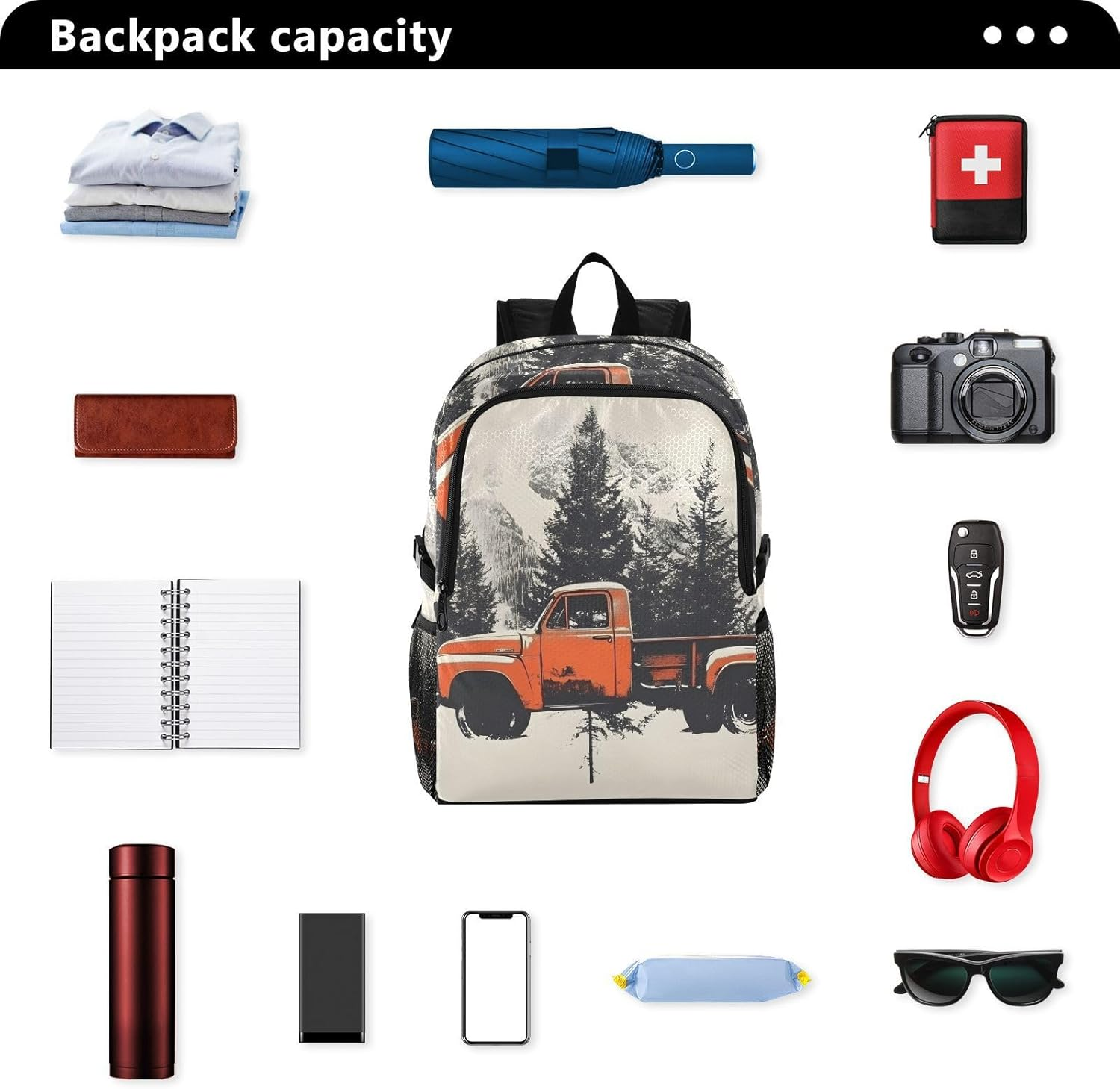 AIXIWAWA Travel Backpack Christmas Trucks, Packable Lightweight Waterproof Portable Casual Daypack Foldable for Hiking Camping Weight Capacity 22 LB, Multicolor, 11.2&times;5.9&times;18.5 IN image number 2